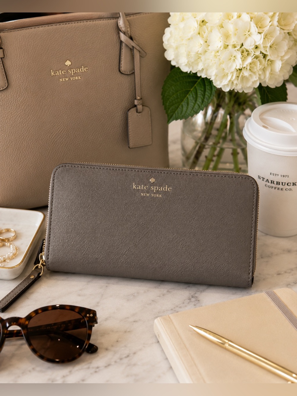 Kate Spade New York Mushroom Gray Saffiano Leather Zip Around Continental Wallet